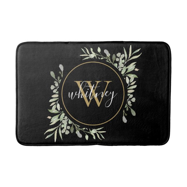 Tapis De Bain Chic or Monogramme Élégant Script Vert Noir (Devant)