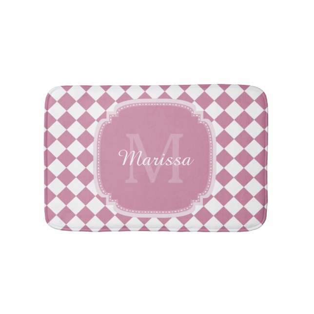 Tapis De Bain Chic rose et blanc coché Nom monogrammé (Devant)