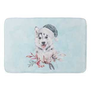 Tapis De Bain Chien de Noël Husky dans un chapeau de Père Noël