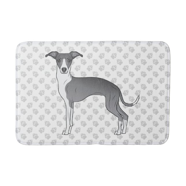 Tapis De Bain Chien Gris Italien Bleu Et Blanc Avec Patrouilles (Devant)