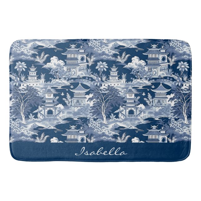 Tapis De Bain Chinoiserie Asiatique Paysage Peinture Bleu Blanc (Devant)