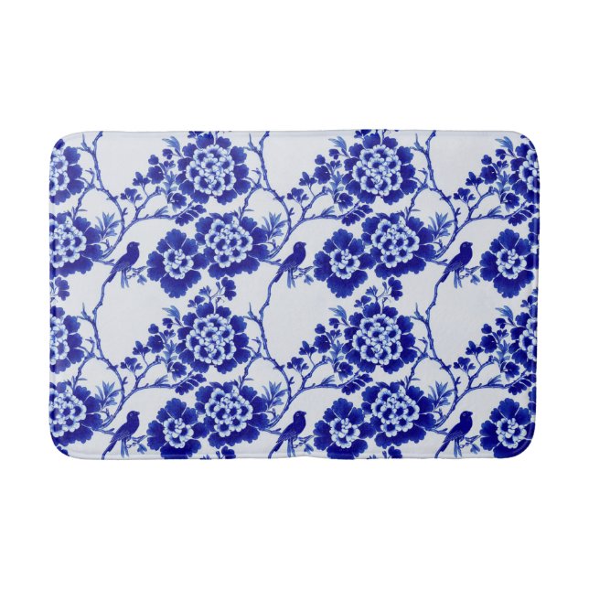 Tapis De Bain Chinoiserie Blue and White Bird Floral Hampton (Devant)