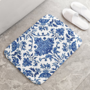 Tapis De Bain Chinoiserie Florale Bleue Aquarelle Blanche
