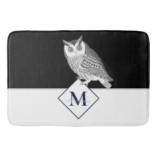 Tapis De Bain Chouette blanche noire Nom du monogramme Salle de 