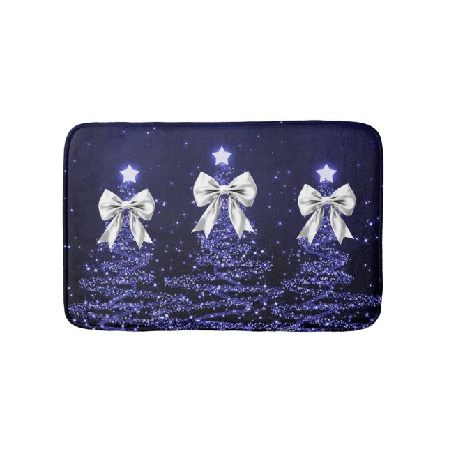 Tapis De Bain Christmas Sparkling Trees Navy Faux Silver Bow  (Devant)