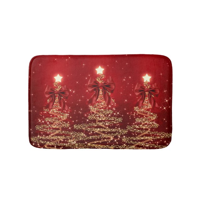 Tapis De Bain Christmas Sparkling Trees Red Gold Faux Bow  (Devant)