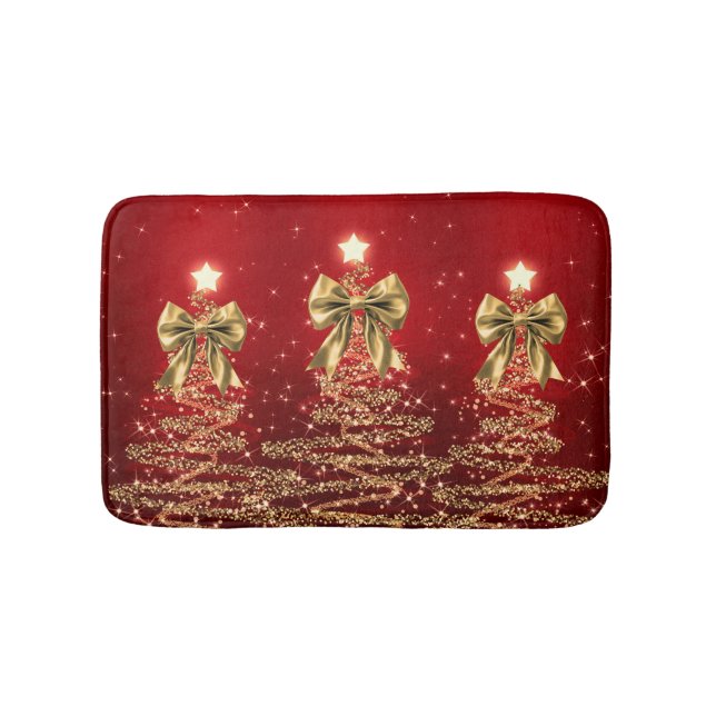 Tapis De Bain Christmas Sparkling Trees Red Gold Faux Bow  (Devant)