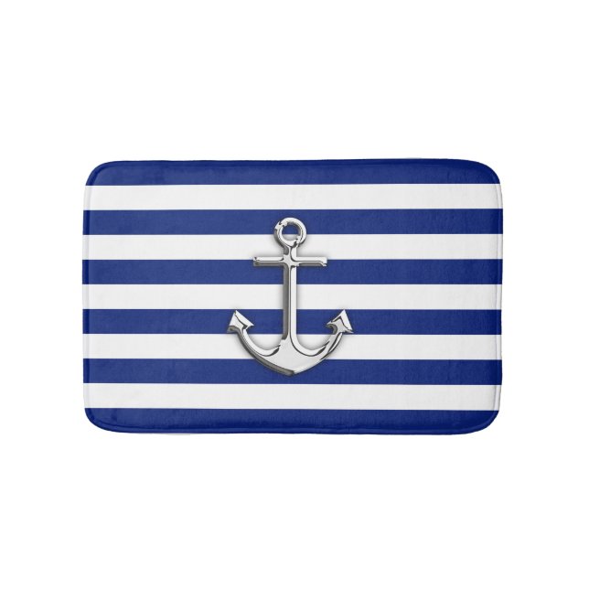 Tapis De Bain Chrome comme les rayures nautiques de bleu marine (Devant)
