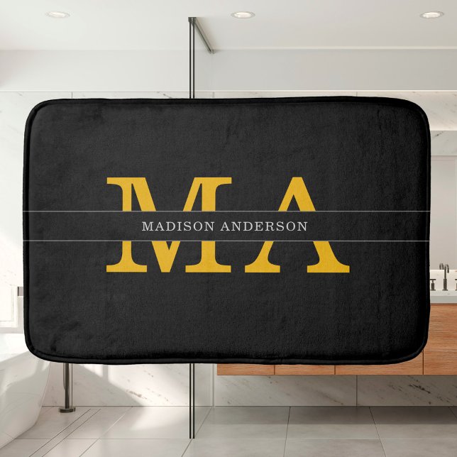 Tapis De Bain Classy Elegant Black Gold Monogramme Nom Texte (Créateur téléchargé)