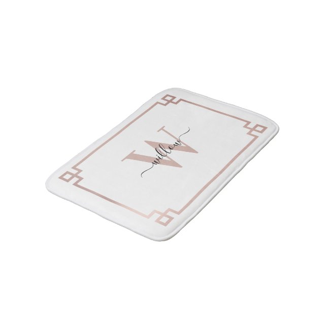 Tapis De Bain Clé grecque blanche et Rose rose or Monogramme (Angle)