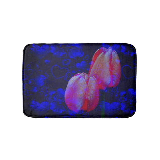 Tapis De Bain Coeurs Bleus Électriques Et Tulipes Roses Art Flor (Devant)