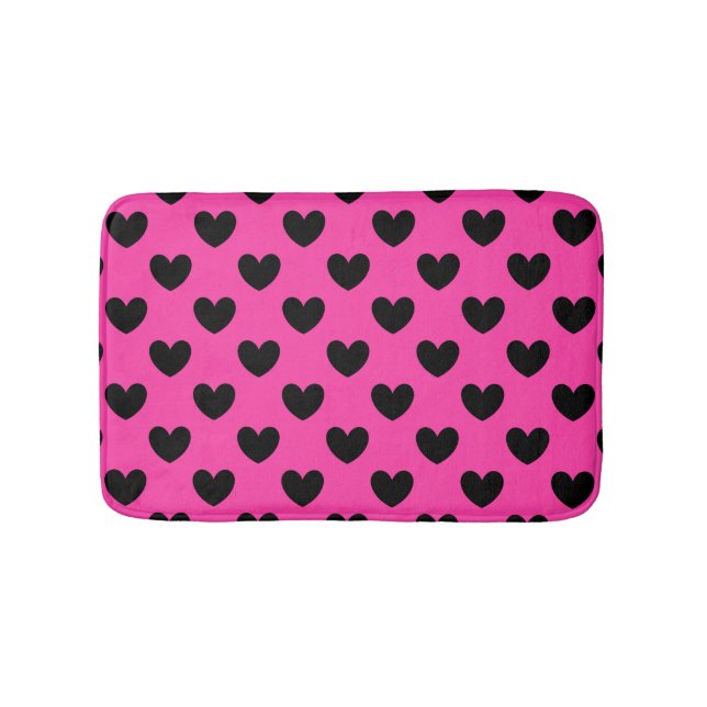 Tapis De Bain Coeurs polka noirs sur rose fuchsia (Devant)