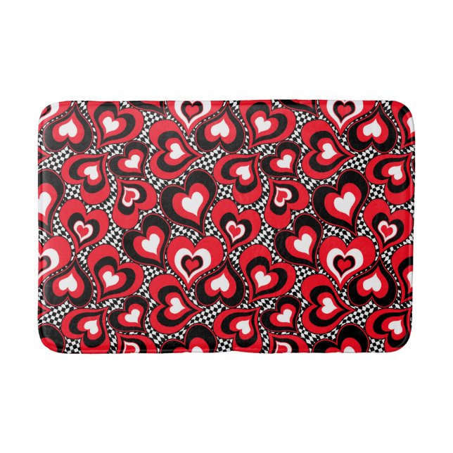 Tapis De Bain Coeurs, rouge, noir, blanc, Saint Valentin. (Devant)