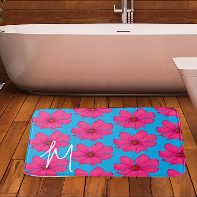 Tapis De Bain Coloré bleu rose floral moderne Monogramme (Créateur téléchargé)