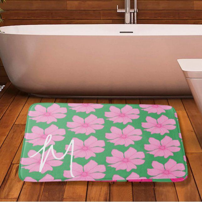 Tapis De Bain Coloré Vert Rose Floral Moderne Monogramme Bain Ma (Créateur téléchargé)