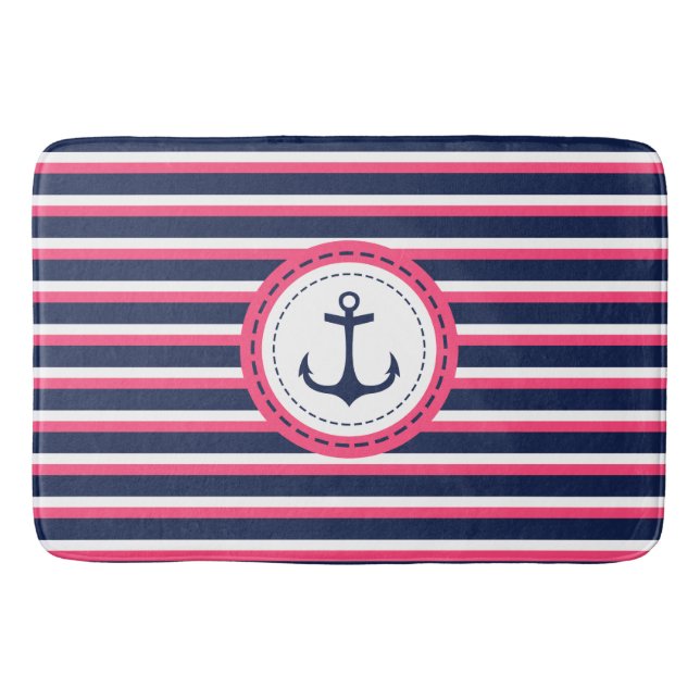Tapis De Bain Conception nautique d'Ancre de rayures de roses (Devant)