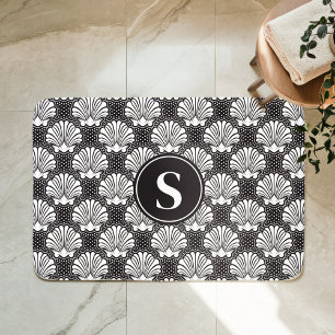 Tapis De Bain Coquillages noir et blanc Monogramme côtier