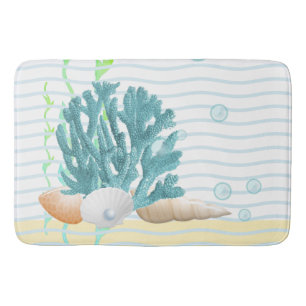 Tapis De Bain Corail bleu, coquillages et perle bleue