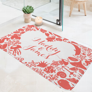 Tapis De Bain Corail & Créatures Marines Blanches Couple Monogra