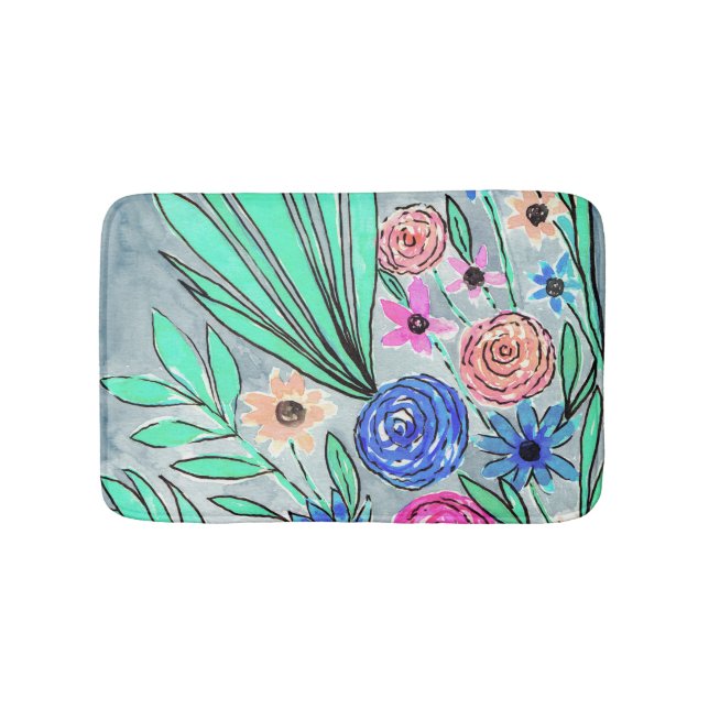 Tapis De Bain Corail rose bleu vert Aquarelle Art (Devant)