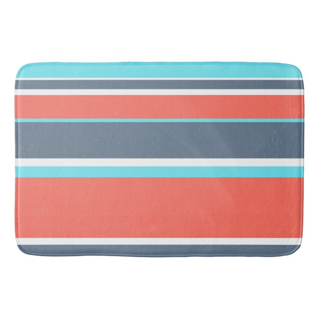 Tapis De Bain Corail vivant, bandes bleues et grises (Devant)