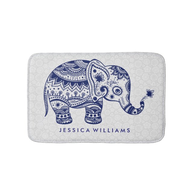 Tapis De Bain Couleur Bleu Cute Eléphant Floral (Devant)