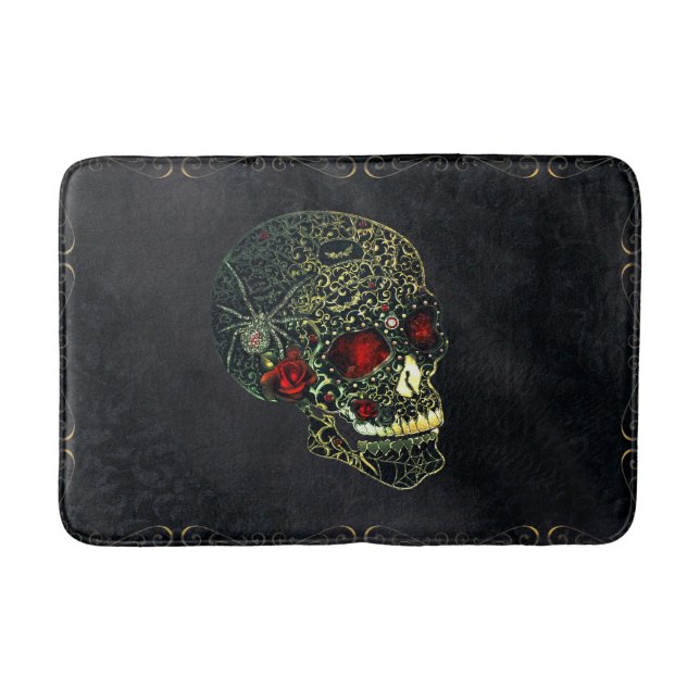 Tapis De Bain Crâne à bijoux et Roses glam Gothique Filigree (Devant)