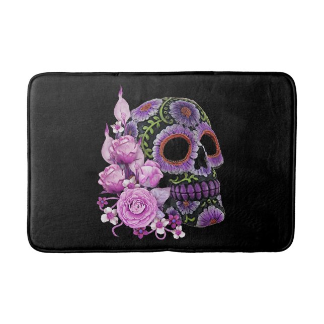 Tapis De Bain Crâne de sucre rose floral noir Jour des morts (Devant)