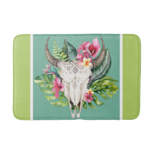 Tapis De Bain Crâne floral Boho Turquoise et vert brillant color