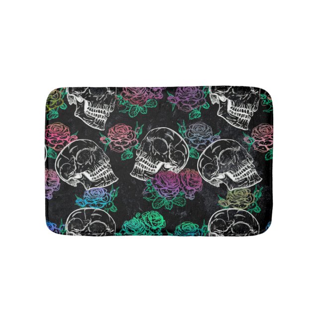 Tapis De Bain Crânes et Roses sombres | Funky Glam Ombre Grunge (Devant)