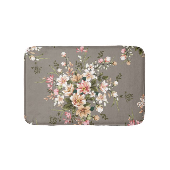 Tapis De Bain Crème, fleurs roses sur gris. (Devant)