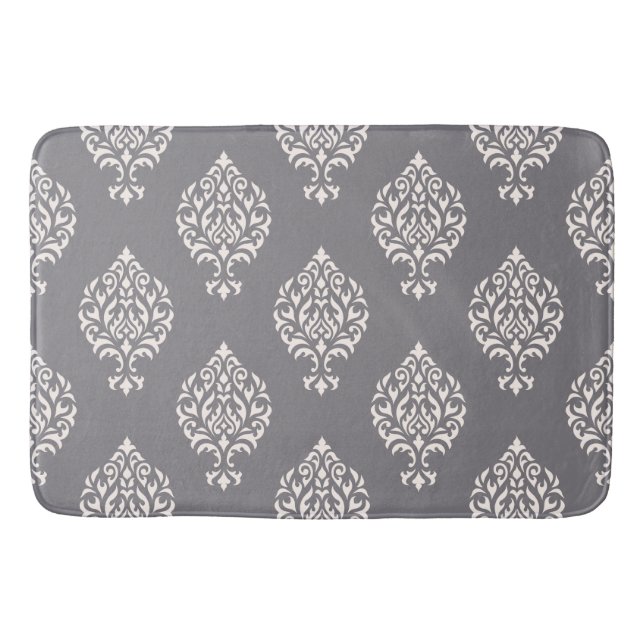Tapis De Bain Crème ornementale de motif de damassé sur le gris (Devant)