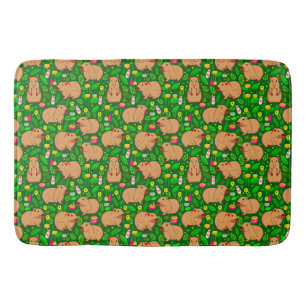 Tapis De Bain Croquis Capybara avec fleurs de printemps sur vert