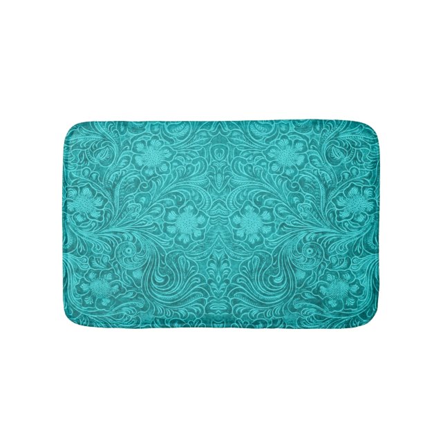 Tapis De Bain Cuir en daim bleu turquoise Texture Florale (Devant)