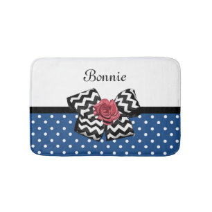 Tapis De Bain Cute Bleu Pois Rouge Rose Chevron Bow et nom
