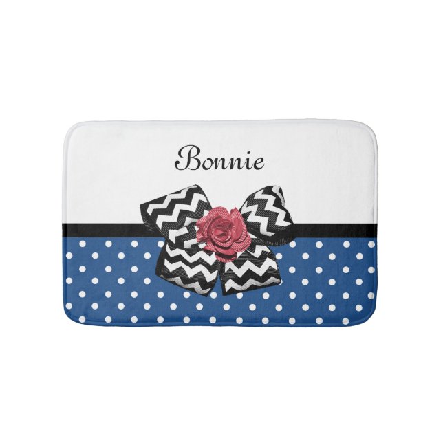 Tapis De Bain Cute Bleu Pois Rouge Rose Chevron Bow et nom (Devant)
