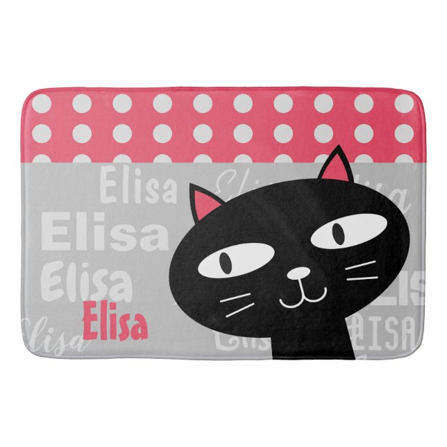 Tapis De Bain Cute Chat Noir Pois Rose Ajouter Votre Nom (Devant)