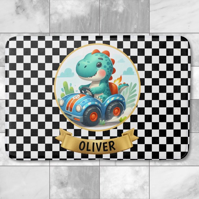 Tapis De Bain Cute Dino conduire une voiture de course Personnal (Créateur téléchargé)