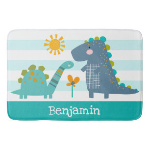 Tapis De Bain Cute Dinosaurs Garçon Bleu Stripes Nom Fun Kawaii