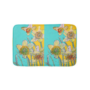 Tapis De Bain Daffodiques jaunes Daffodiles fleurs florales Aqua
