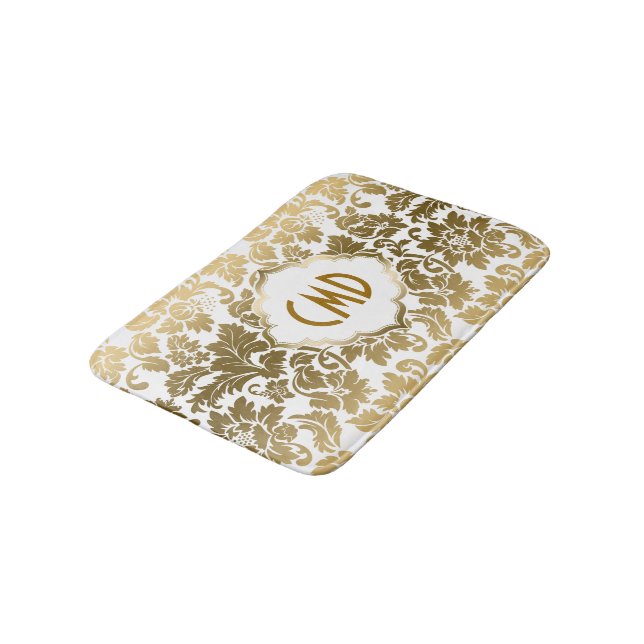 Tapis De Bain Damas Floral Or Et Blanc (Angle)