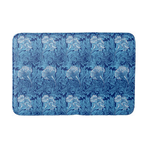 Tapis De Bain Damassé de fleur, marine, bleu de ciel et blanc