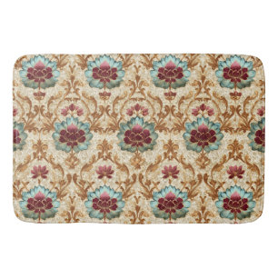 Tapis De Bain Damassé floral vintage en turquoise et burgundy