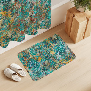 Tapis De Bain Damassé Grunge Aqua Viridian Moutarde Terracotta