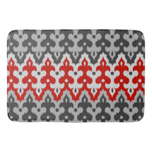 Tapis De Bain Damassé Ikat marocain, gris graphite et rouge