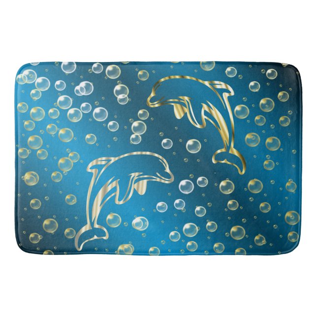 Tapis De Bain dauphins dorés avec gouttes d'eau dorées (Devant)