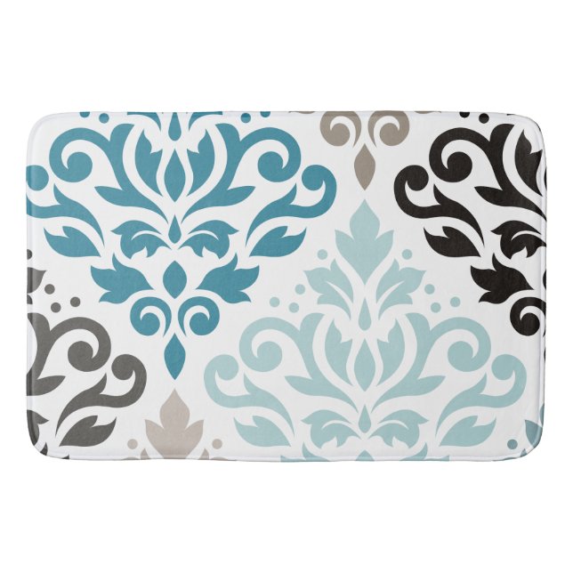 Tapis De Bain Défiler Damask Décaler Ptn Art Teals Browns Blanc (Devant)