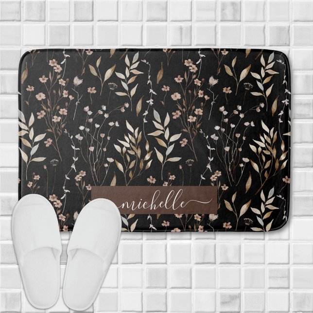 Tapis De Bain Délicat Aquarelle Fleurs Brown Motif Feuille (In situ)