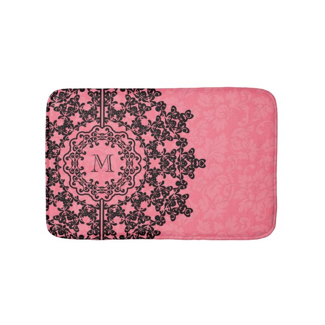 Tapis De Bain Dentelle florale noire Damas Monogramme (Devant)