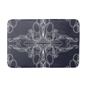 Tapis De Bain Design de luxe, motif floral, bleu marine, blanc
